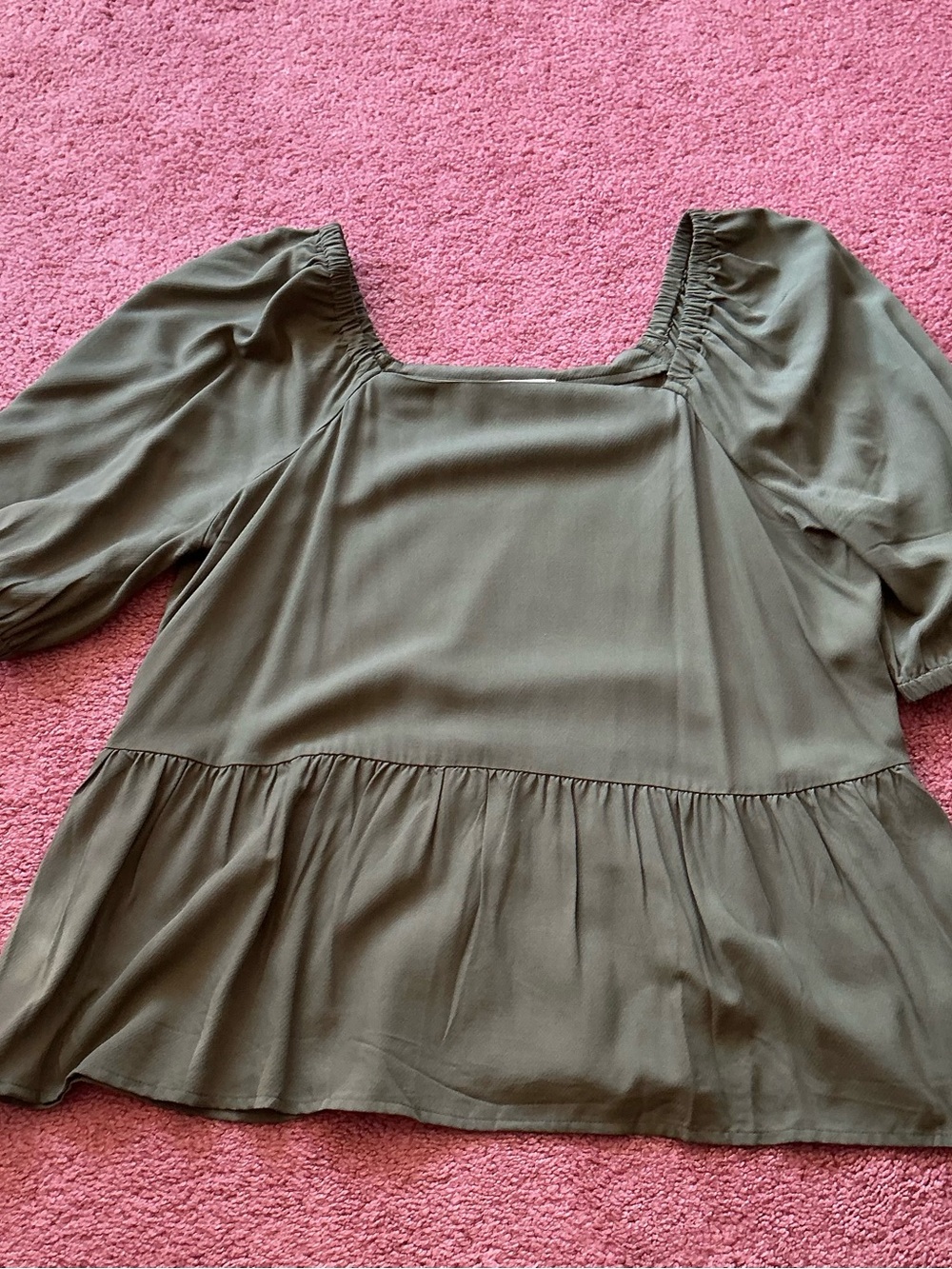 LOFT Olive Square-Neck Peplum Blouse with Puff Sleeves